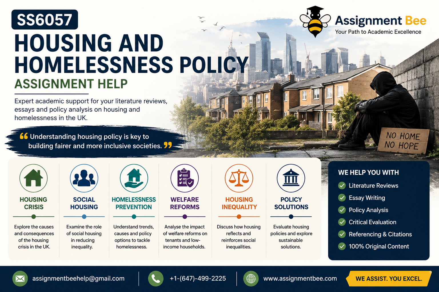 SS6057 Housing and Homelessness Policy assignment help infographic covering housing crisis, social housing, homelessness prevention, welfare reforms, housing inequality, and UK housing policy